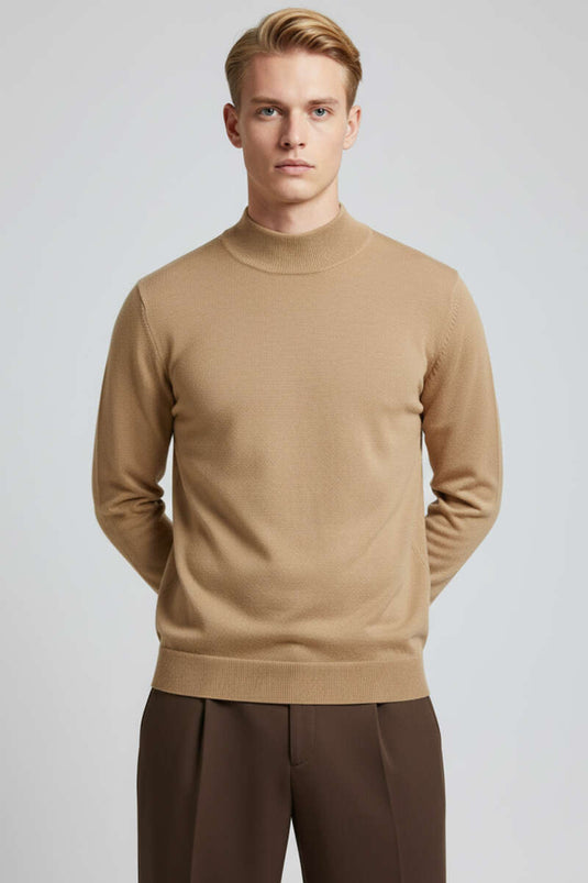 Pull basique à col roulé pour homme, couleur latte