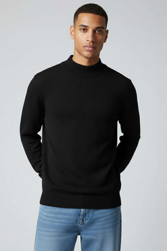 كنزة رجالية سوداء أساسية بياقة نصف عالية