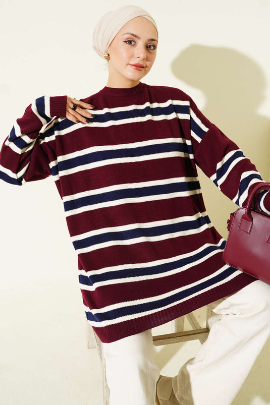 Basic Knitted Tunic with Horizontal Stripe Detail, Burgundy