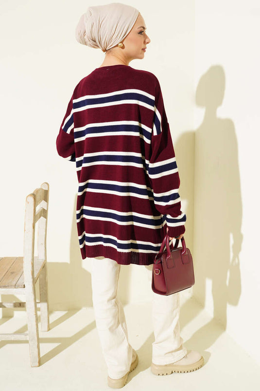 Basic Knitted Tunic with Horizontal Stripe Detail, Burgundy