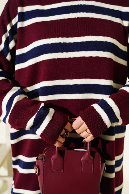 Basic Knitted Tunic with Horizontal Stripe Detail, Burgundy