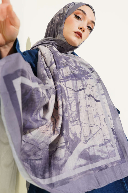 Baskı Desen Bambu Kraş Şal Gri