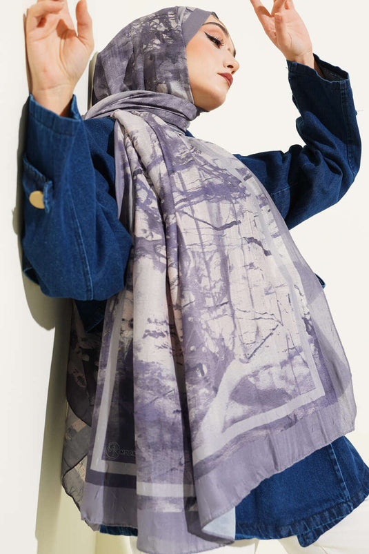 Bedrukte bamboe sjaal met kreukeffect, grijs