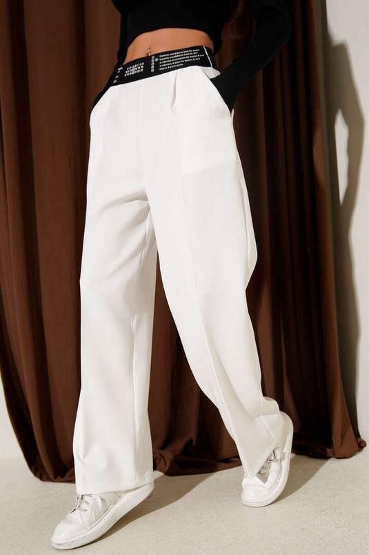 Baskılı Bel Lastikli Palazzo Pantolon Ekru