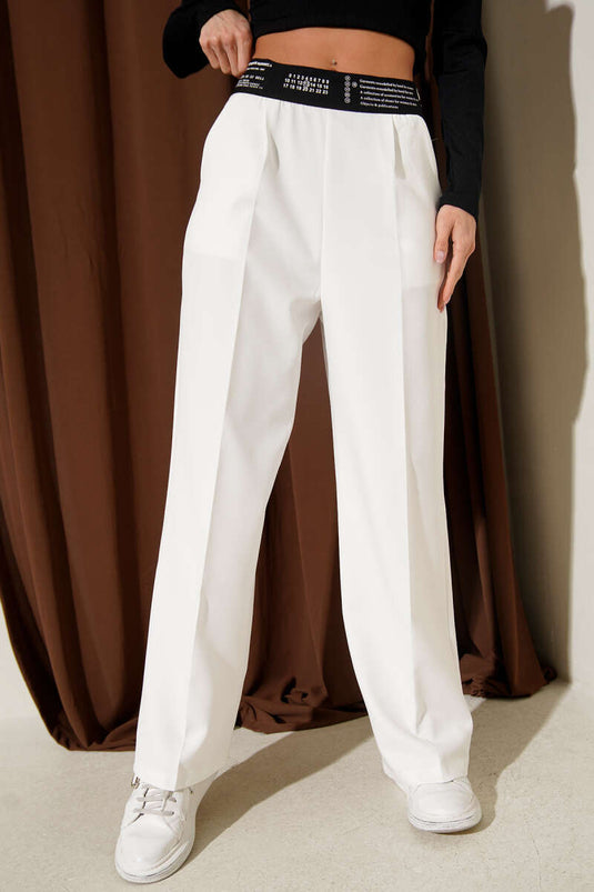 Baskılı Bel Lastikli Palazzo Pantolon Ekru
