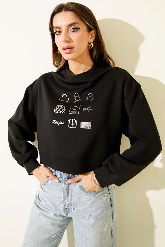 Printed Crew Neck Sweatshirt Black