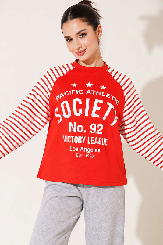 Baskılı Çizgi Detaylı Sweatshirt Kırmızı