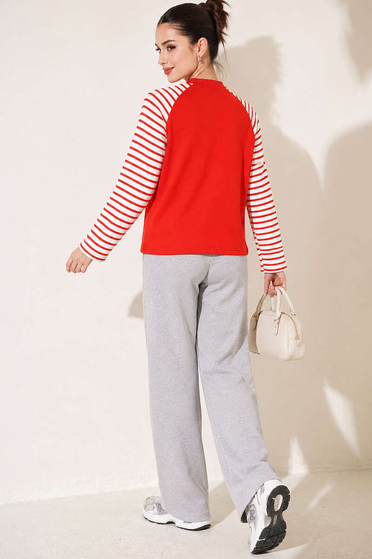 Baskılı Çizgi Detaylı Sweatshirt Kırmızı