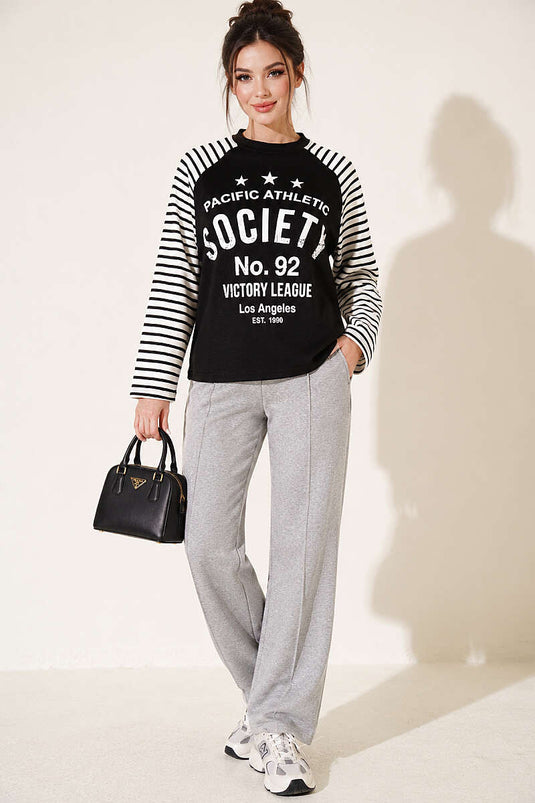 Baskılı Çizgi Detaylı Sweatshirt Siyah