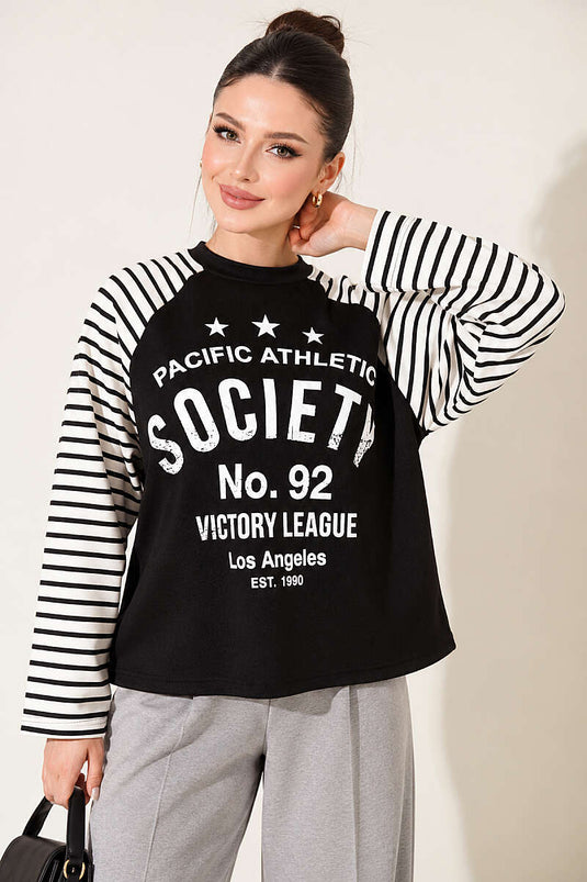 Baskılı Çizgi Detaylı Sweatshirt Siyah