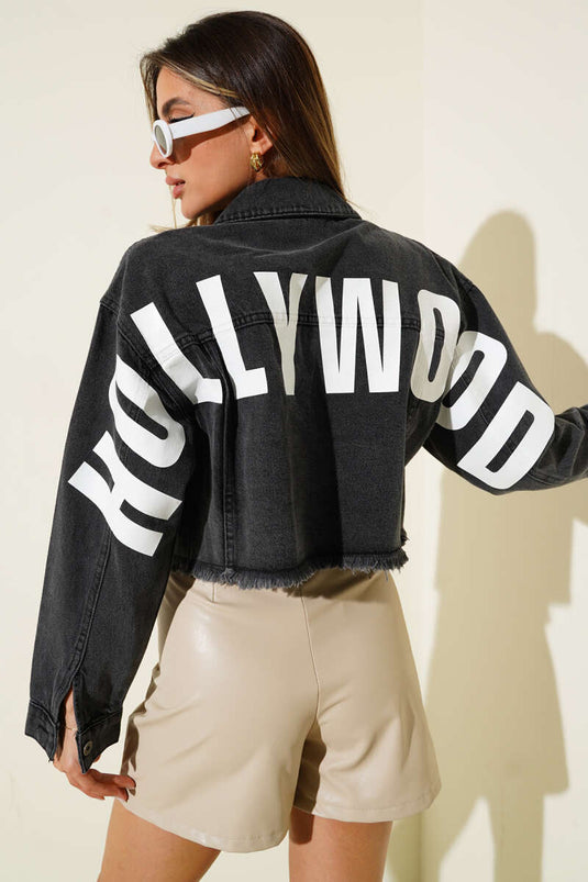 Veste en jean courte imprimée, gris foncé