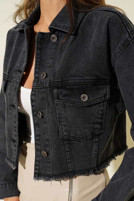 Veste en jean courte imprimée, gris foncé