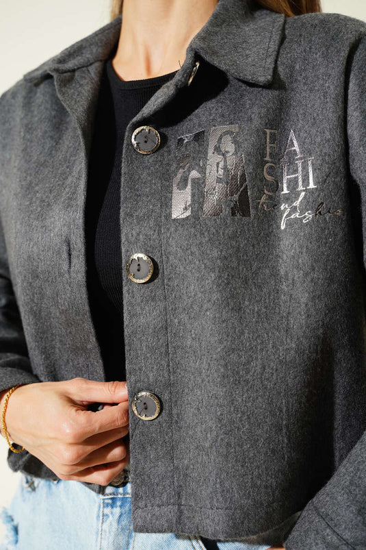 جاكيت قصير من الكشمير المطبوع، رمادي دخاني