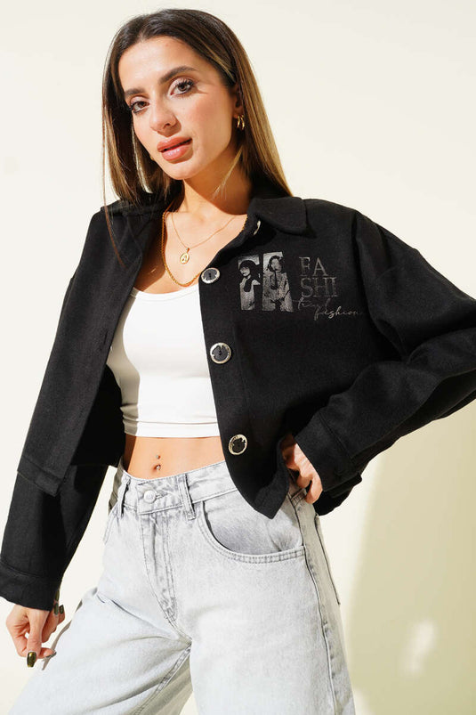 Baskılı Kısa Kaşe Ceket Siyah