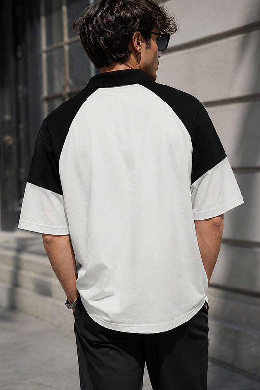Baskılı Polo Yaka Oversize Erkek T-shirt Beyaz