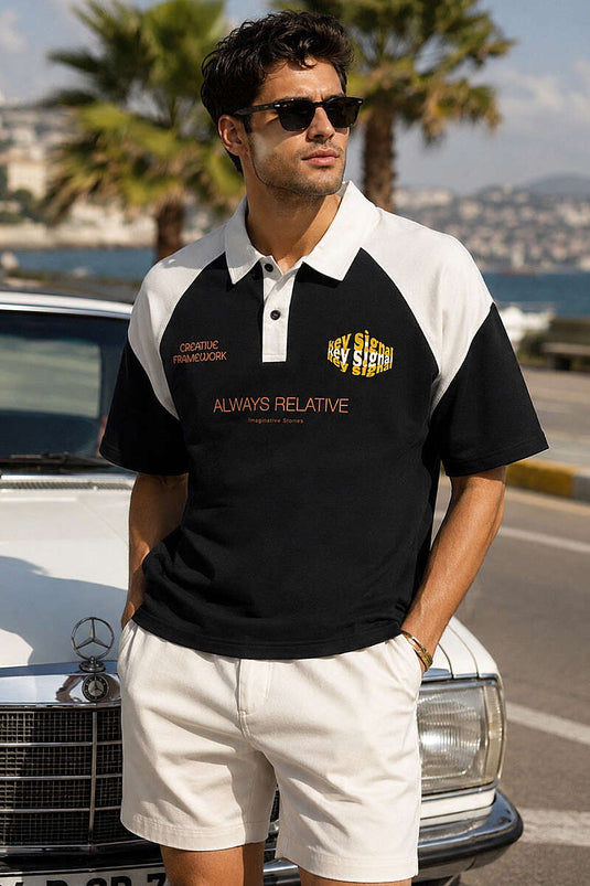 Baskılı Polo Yaka Oversize Erkek T-shirt Siyah