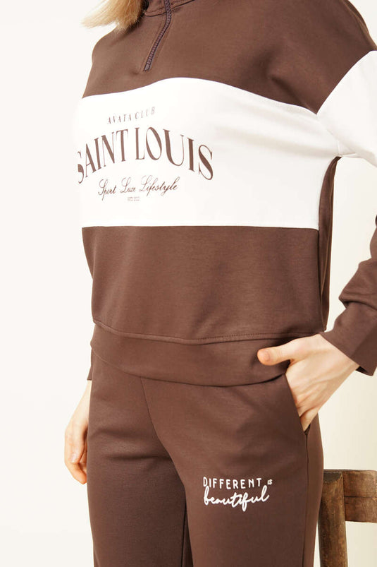 Bedrucktes Sweatshirt mit Reißverschluss am Kragen, zweiteiliges Set, Braun