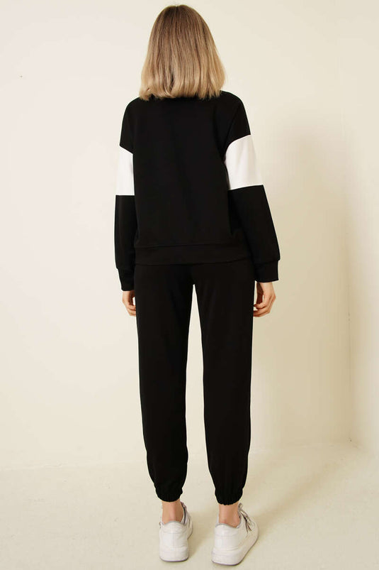 Baskılı Yaka Fermuarlı Sweat İkili Takım Siyah