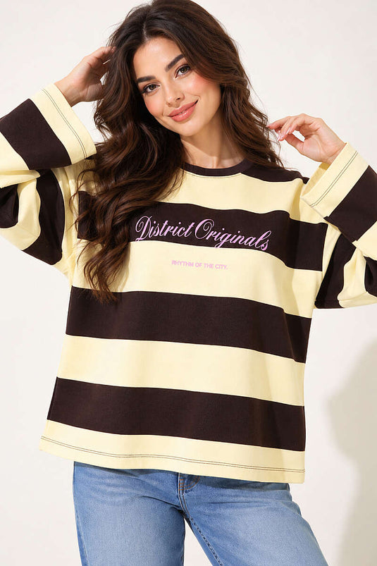 Baskılı Yatay Kalın Çizgili Sweatshirt Kahve