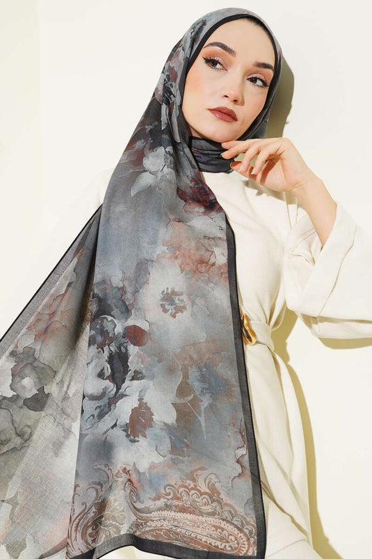 Châle en ramie à motif floral batik bleu