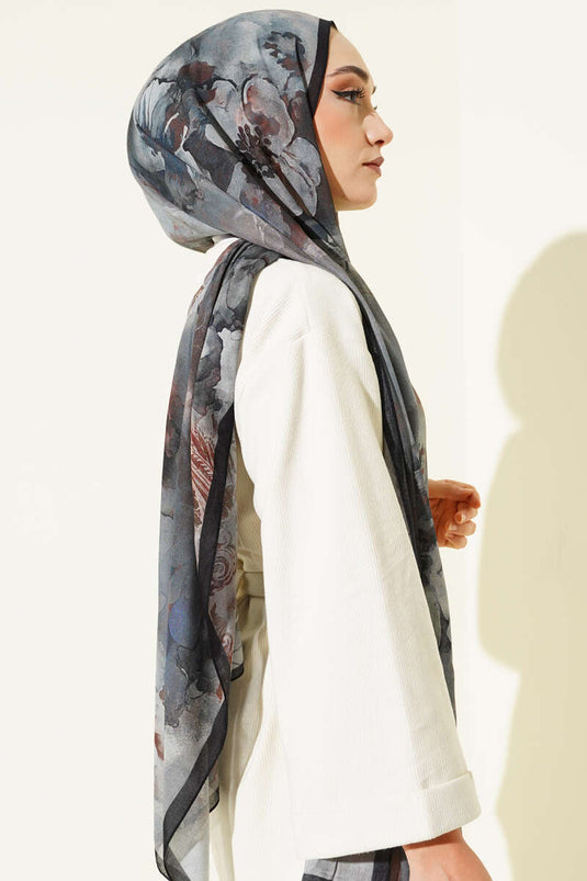 Châle en ramie à motif floral batik bleu