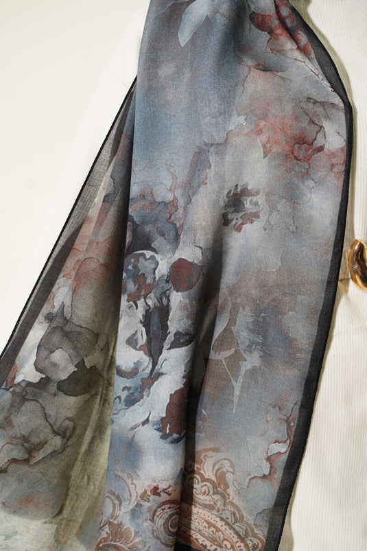 Châle en ramie à motif floral batik bleu