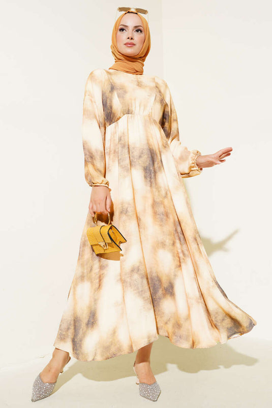 Jurk met batikpatroon, elastische taille, kaki