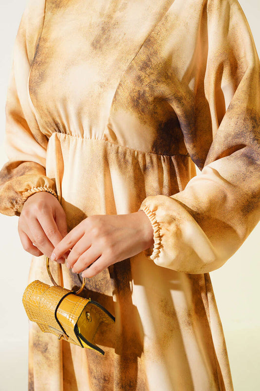 Batik Desen Bel Lastikli Elbise Haki