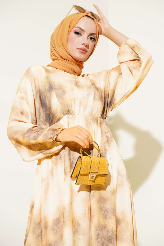 Jurk met batikpatroon, elastische taille, kaki