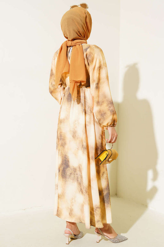 Batik Desen Bel Lastikli Elbise Haki