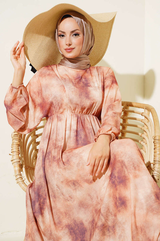 Batikpatroon elastische taille jurk bruin