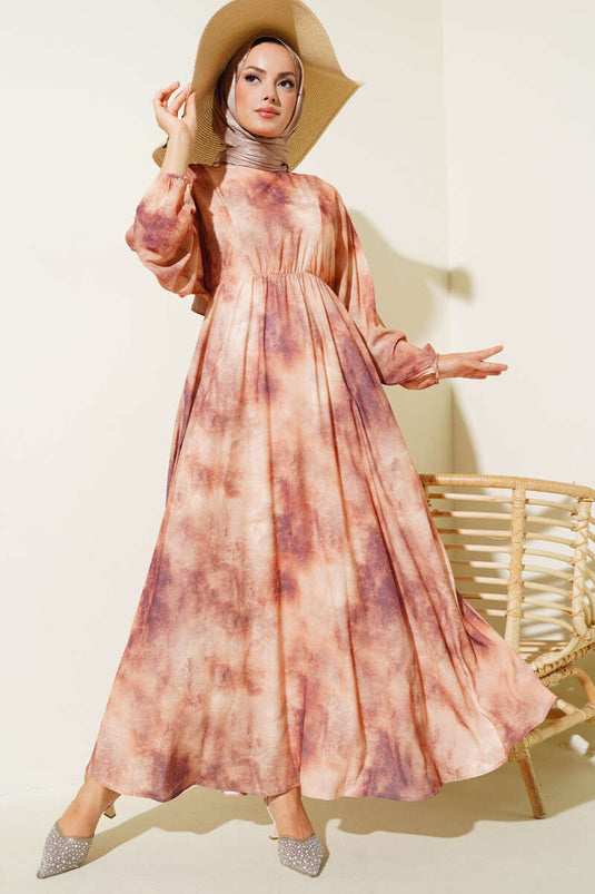 Batikpatroon elastische taille jurk bruin