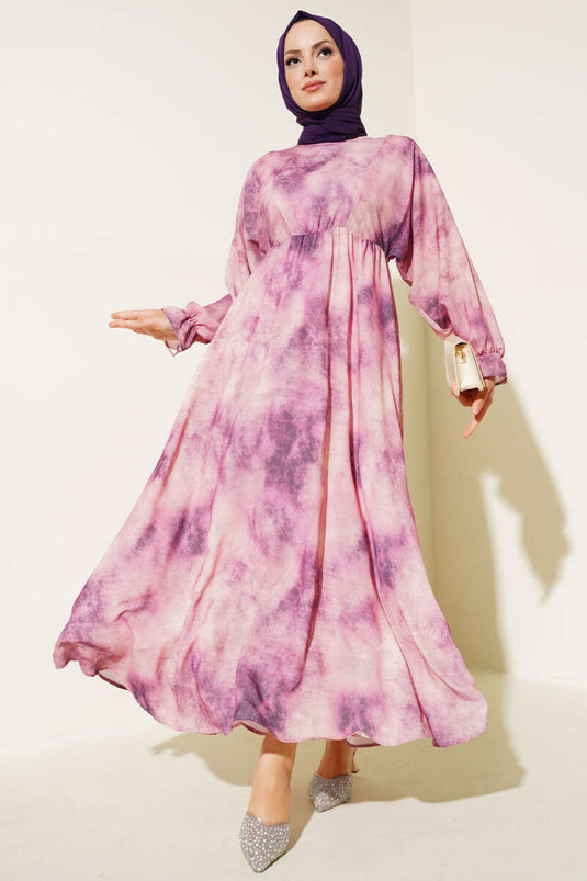 Batikpatroon elastische taille jurk violet