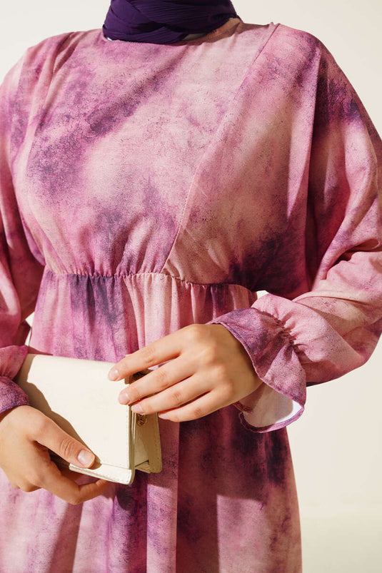 Batik Pattern Bel Elastic Dress Violet