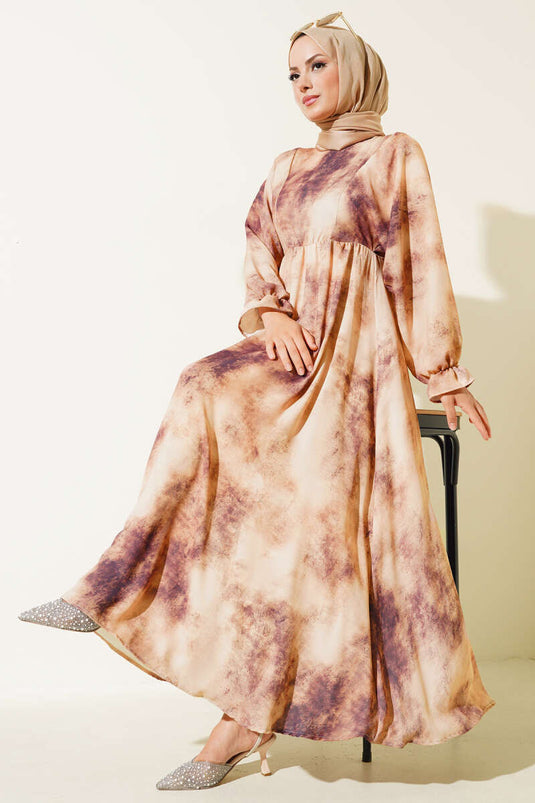 Batikpatroon taille elastische jurk Mink