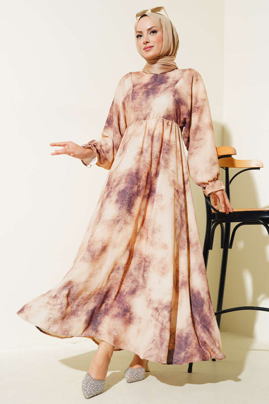 Batikpatroon taille elastische jurk Mink