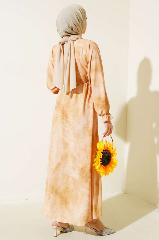 Batik Desen Bel Lastikli Elbise Yağ Yeşili