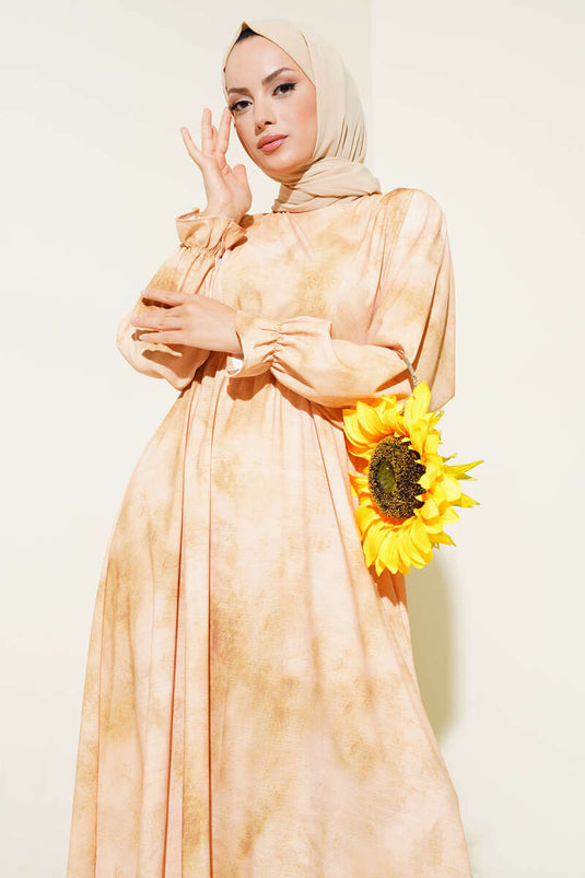 Batikpatroon elastische taille jurk oliegroen