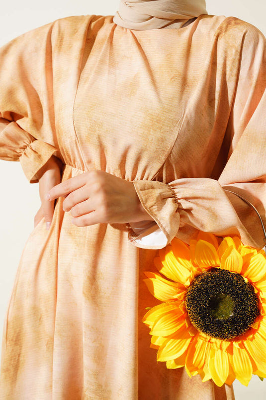 Batik Desen Bel Lastikli Elbise Yağ Yeşili