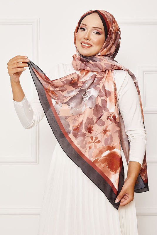 Batik Pattern Floral Hijab Shawl Brown