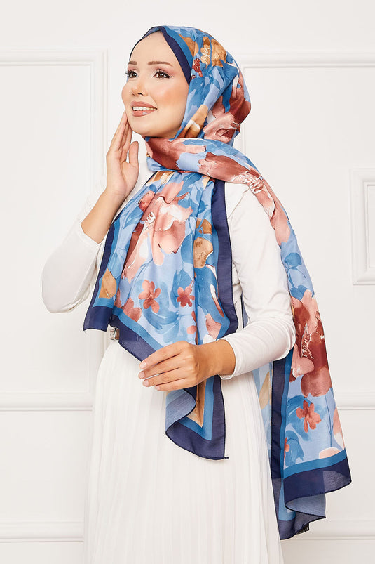شال حجاب بنقشة زهور الباتيك أزرق داكن