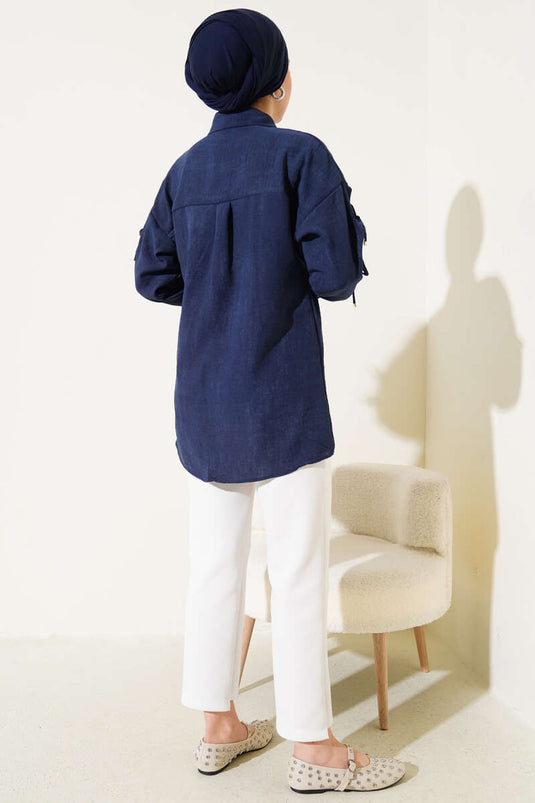 Batik Pattern Sleeve Bow Shirt Navy Blue