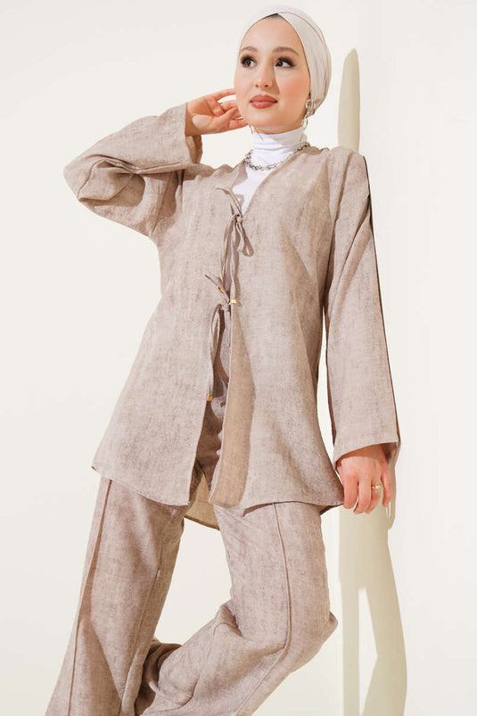 Batik Desen Önü Bağcıklı İkili Takım Bej