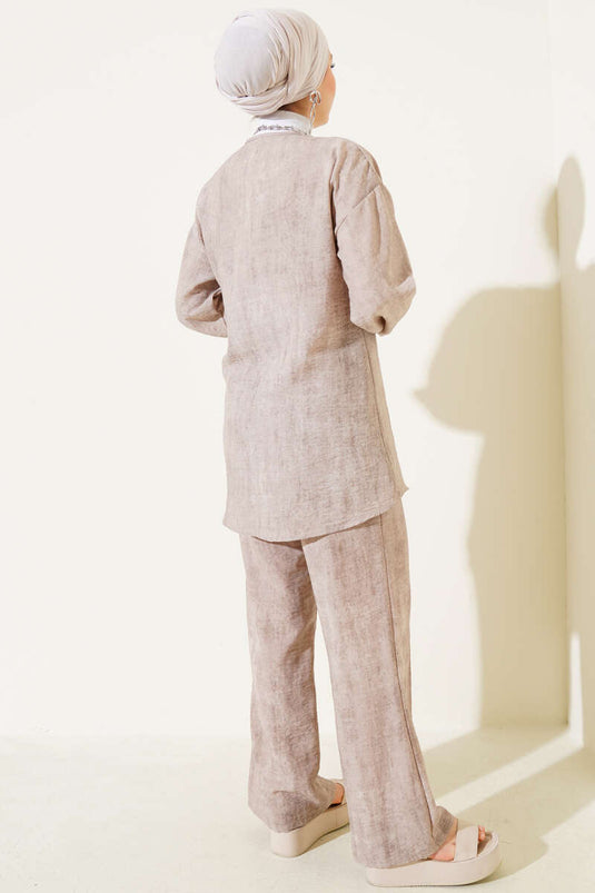 Batik Desen Önü Bağcıklı İkili Takım Bej