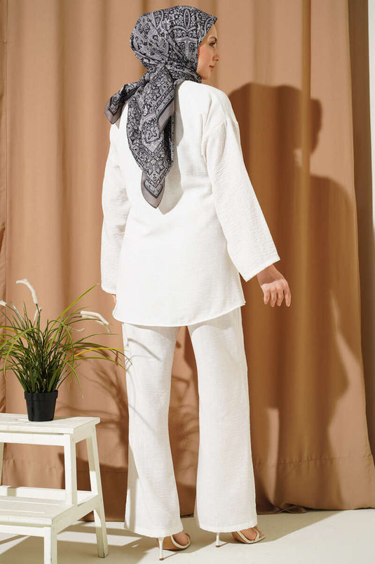 Batik Desen Önü Bağcıklı İkili Takım Beyaz