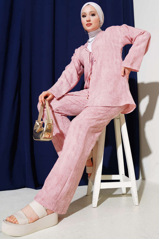 Batik Desen Önü Bağcıklı İkili Takım Pudra