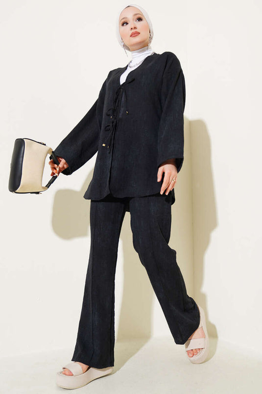 Batik Pattern Lace-Up Front Two Piece Set Black