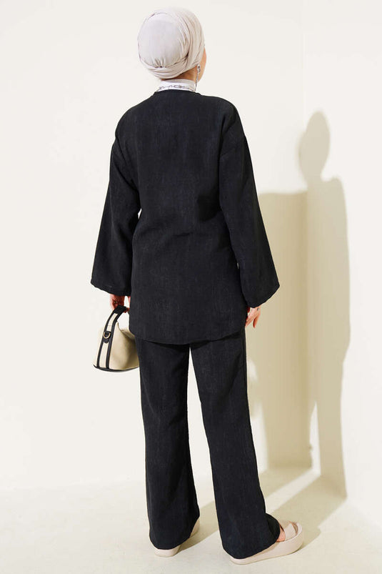 Batik Pattern Lace-Up Front Two Piece Set Black