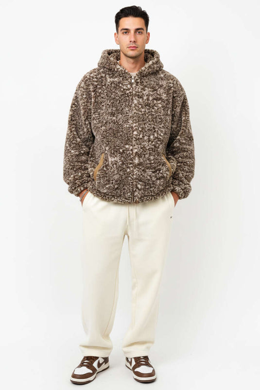 Veste homme en peluche à motif batik, couleur café