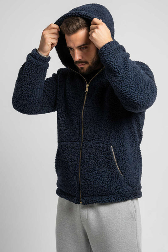 Batik Pattern Plush Men's Jacket Navy Blue